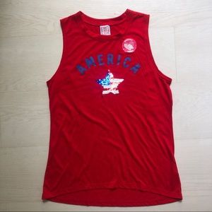 AMERICA Red Tank Top Stars Stripes Flag Sequins M